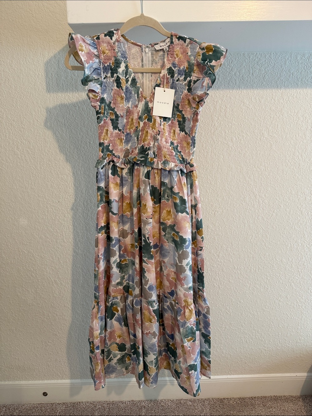 moodie Floral Smocked Midi Dress in Pink, Green, Yellow